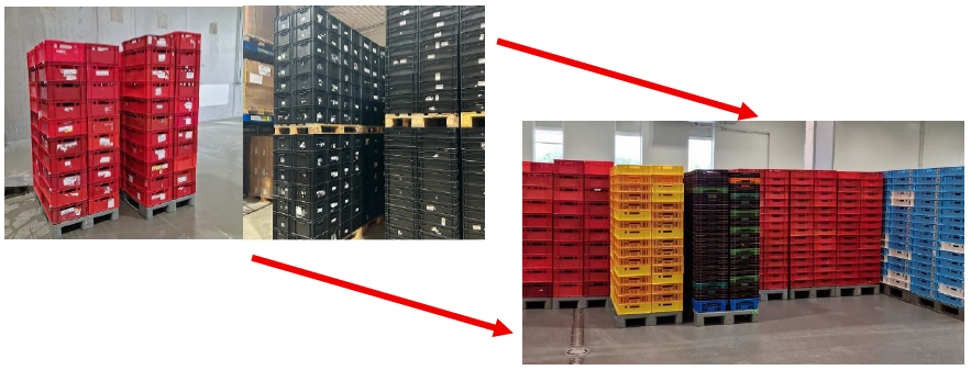 Cajas reutilizables antes y después de retirar las etiquetas